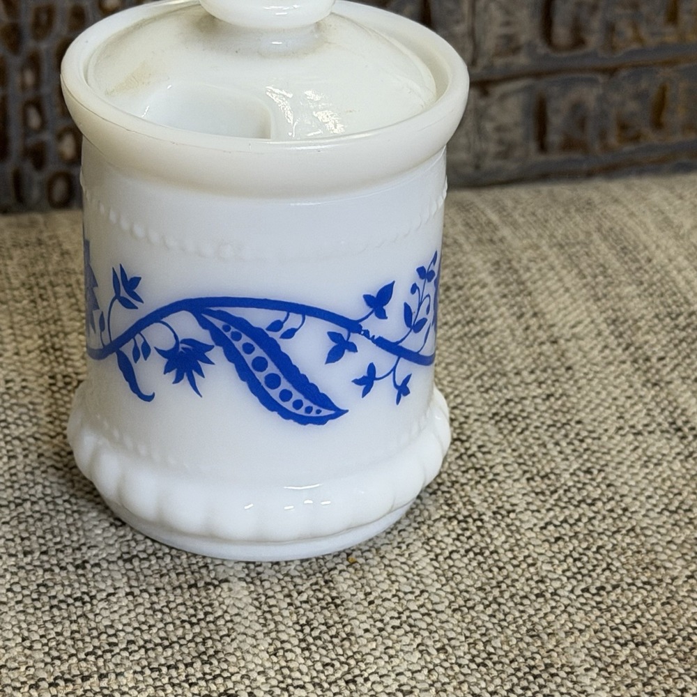 Hazel Atlas White Milk Glass Blue Sweet Pea Mustard Spice ApothecaryJars W/Lid - Picture 5 of 10